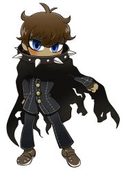 1boy black_cape black_jacket blue_eyes brown_hair brown_shoes cape collar covered_mouth honeypuff jacket male_focus no_nose official_style pants persona persona_q_(series) shoes short_hair simple_background solo spiked_collar spikes white_background zen_(persona_q)