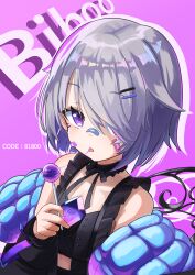 1girl absurdres bandaid bandaid_on_cheek bandaid_on_face bandaid_on_nose black_shirt candy character_name chest_jewel closed_mouth food grey_hair hair_flaps hair_ornament hair_over_one_eye hairpin highres holding holding_candy holding_food holding_lollipop hololive hololive_english jewel_under_eye koseki_bijou koseki_bijou_(casual) lollipop looking_at_viewer official_alternate_costume official_alternate_hair_length official_alternate_hairstyle outline pink_background purple_eyes shirt short_hair solo tongue tongue_out uminonin46978 virtual_youtuber white_outline