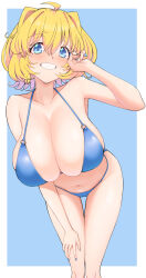 1girl absurdres ahoge alice_margatroid bikini blonde_hair blue_background blue_bikini blue_eyes blue_nails blush breasts cleavage cookie_(touhou) feet_out_of_frame fingernails grin hair_intakes hand_on_own_knee highres huge_breasts leaning_forward looking_at_viewer navel pyukasshori short_hair simple_background smile solo swimsuit touhou two-tone_background web_(cookie) white_background