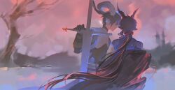 Rule 34 | 2boys, absurdres, animal ears, arknights, bare tree, black coat, black gloves, black hair, blurry, blurry background, bow, building, chunbuchou, coat, ebenholz (arknights), epaulettes, gauntlets, gloves, hair bow, highres, holding, holding weapon, horns, huge weapon, large horns, lessing (arknights), long hair, low ponytail, male focus, multiple boys, off shoulder, outdoors, ponytail, profile, red bow, short hair, sunset, sword, tree, twilight, upper body, very long hair, weapon, zweihander