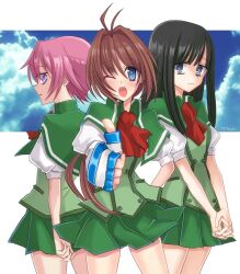 19taro01 3girls black_hair blue_eyes blunt_bangs brown_hair capelet green_capelet hair_intakes long_hair low_ponytail multiple_girls necktie otonashi_ayana pink_hair ponytail red_necktie school_uniform short_hair smile takashima_zakuro tsui_no_sora wakatsuki_kotomi