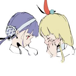 2girls absurdres blonde_hair blue_hair double_bun guratanchikin hair_bun hair_ornament hair_stick hand_on_another&#039;s_face heaven_burns_red highres kanzaki_adelheid long_hair multiple_girls ponytail satsuki_mari twintails very_long_hair yuri