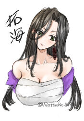Rule 34 | 1girl, :/, black hair, blush, breasts, character name, chest sarashi, cleavage, collarbone, commentary request, cropped torso, cutting hair, earrings, head tilt, highres, idolmaster, idolmaster cinderella girls, jewelry, large breasts, long hair, looking at viewer, mukai takumi, natsuka (pwkf8487), sarashi, simple background, solo, straight hair, translation request, twitter username, upper body, white background