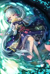 1girl absurdres alternate_hair_length alternate_hairstyle arm_armor armor ayaka_(genshin_impact) blue_eyes blue_hair bqhong breastplate commentary_request covering_own_mouth falling_petals flower_knot from_above full_body genshin_impact grass hair_ribbon hand_fan highres holding holding_fan japanese_armor japanese_clothes knee_up long_hair looking_at_viewer lying night no_shoes on_back outdoors petals pink_petals pink_ribbon ponytail ribbon ripples shallow_water socks solo tabi very_long_hair water white_socks