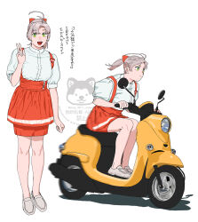1girl alternate_costume anna_miller apron badge collared_shirt dress_shirt full_body green_eyes grey_hair heart highres kantai_collection kinugasa_(kancolle) looking_at_viewer moped motor_vehicle multiple_views name_tag ojipon orange_apron orange_skirt ponytail shirt shoes skirt translation_request underbust waitress watermark waving white_shirt white_shoes