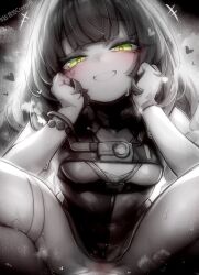 +++ 1boy 1girl blur_censor bracelet breasts censored chinese_commentary commentary_request green_eyes grin heart hetero highres jewelry kupa_(jesterwii) looking_at_viewer medium_breasts monochrome paid_reward_available parted_lips pov pov_crotch sex short_hair smile spot_color ukinami_yuzuha vaginal zenless_zone_zero