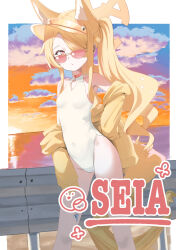 1girl absurdres animal_ear_fluff awahuki_kani blonde_hair blue_archive breasts character_name cloud covered_navel cross_halo diamond_cutout feet_out_of_frame fox_girl fox_tail gradient_sky guard_rail halo highleg highleg_one-piece_swimsuit highres horizon jacket long_hair ocean official_alternate_costume official_alternate_hairstyle one-piece_swimsuit orange-tinted_eyewear orange_eyes railing seia_(blue_archive) seia_(swimsuit)_(blue_archive) side_ponytail sky small_breasts solo sunglasses swimsuit tail tinted_eyewear visor_cap white_one-piece_swimsuit yellow_halo yellow_jacket yellow_visor