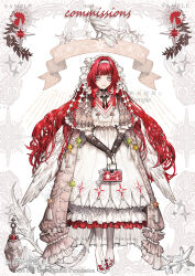 Rule 34 | 1girl, absurdres, bag, baiguiyu, blue eyes, bow, closed mouth, dress, feathered wings, frills, full body, gloves, hairband, handbag, highres, holding, long hair, looking at viewer, original, red hair, solo, standing, very long hair, white background, white dress, white wings, wings