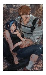 12v 1boy 1girl blood blood_on_clothes blood_on_face blue_hair braid brown_hair commission crop_top fingerless_gloves forest gloves highres injury long_hair looking_at_another muscular muscular_male nature original skeb_commission