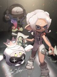 2girls agent_8_(splatoon) asymmetrical_hair baseball_cap black_dress blue_hair bodysuit boots bracelet colored_skin copyright_name crossed_arms dedf1sh dress drone dual_wielding elevator full_body green_skin grey_eyes hair_over_one_eye hat headphones headphones_over_headwear highres holding holding_weapon ink_tank_(splatoon) jewelry light_particles long_hair looking_ahead multicolored_hair multiple_girls nintendo non-humanoid_robot octoling octoling_girl octoling_player_character off-shoulder_dress off_shoulder okaranko order_dualies_(splatoon) parted_bangs parted_lips pearl_(splatoon) pearl_drone_(splatoon) red-tinted_eyewear red_hair robot sanitized_(splatoon) short_hair short_sleeves single_bare_shoulder sleeveless sleeveless_bodysuit socks splatoon_(series) splatoon_3 splatoon_3:_side_order standing suction_cups sunglasses tentacle_hair tinted_eyewear two-tone_hair weapon white_bodysuit white_footwear white_hair white_socks