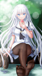 1girl absurdres ascot black_ascot black_pantyhose blue_eyes blunt_ends crossed_ankles feet food full_body highres holding holding_food holding_popsicle holding_shoes legs lens_flare licking loafers long_hair looking_at_viewer naruse_shiroha outdoors pantyhose popsicle sailor_collar saliva school_uniform serafuku shirt shoes short_sleeves sitting skirt soaking_feet soles solo summer_pockets summer_pockets_school_uniform toes tongue tongue_out ultra258 unworn_shoes very_long_hair water watermelon_bar white_hair white_sailor_collar white_serafuku white_shirt white_skirt