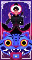 Rule 34 | 1boy, absurdres, black eyes, body markings, commentary, derpy (kpop demon hunters), english commentary, finger heart, gat (hat), hanbok, hat, highres, jinu (kpop demon hunters), korean clothes, kpop demon hunters, laserlazuli, looking at viewer, sharp teeth, short hair, smirk, sussie (kpop demon hunters), teeth, tiger, whiskers, yellow eyes
