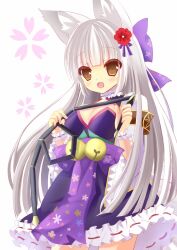 Rule 34 | 1girl, animal ears, bell, breasts, cleavage, dress, emil chronicle online, flower, fox ears, frilled dress, frills, hair flower, hair ornament, hair ribbon, hane., large breasts, long hair, open mouth, pink ribbon, ribbon, simple background, tamamo roa, whip, white hair, yellow eyes