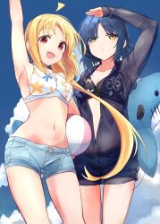 Rule 34 | 2girls, ahoge, arm up, ball, beachball, bikini, black bikini, black jacket, blonde hair, blue hair, blue shorts, blue sky, bocchi the rock!, breasts, cloud, denim, denim shorts, feet out of frame, floral print, halterneck, highres, ijichi nijika, inflatable shark, inflatable toy, jacket, long hair, medium breasts, minosu, multiple girls, red eyes, revision, see-through clothes, see-through jacket, short hair, shorts, side ponytail, sky, smile, swimsuit, white bikini, yamada ryo, yellow eyes