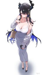 1girl absurdres alternate_costume artist_name asymmetrical_horns bag black_flower black_hair black_horns black_shoes blue_hair blush breasts cardigan cleavage closed_mouth colored_inner_hair demon_horns dress flower from_above hair_between_eyes hair_ornament half-closed_eyes hand_on_own_chest handbag highres hololive hololive_english horn_flower horns large_breasts long_dress long_hair long_sleeves mole mole_under_eye multicolored_hair nerissa_ravencroft off_shoulder open_cardigan open_clothes perspective red_eyes shadow shoes shoulder_bag simple_background sleeveless sleeveless_dress sleeves_past_wrists smile solo standing tassel tassel_hair_ornament two-tone_hair uneven_horns virtual_youtuber white_background white_cardigan white_dress yan.c