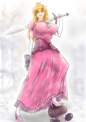 1girl blonde_hair blue_eyes breasts dress feet goomba gun high_heels highres large_breasts legs long_hair looking_at_viewer mario_(series) nintendo parted_lips princess princess_peach smile solo sword teeth thighs weapon