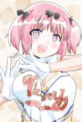 1girl absurdres artist_name black_bow black_ribbon blush bow breasts cheerleader dated english_text flower_in_eye gloves hair_bow hair_ribbon heart heart_hands hibari_(senran_kagura) highres large_breasts looking_at_viewer medium_hair multicolored_eyes nanaeljustice open_mouth pink_hair pink_pupils purple_eyes ribbon senran_kagura senran_kagura_shinovi_versus shirt simple_background smile solo symbol_in_eye teeth two-tone_eyes white_gloves white_shirt