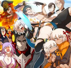 &gt;_&lt; 1other 4girls 5boys :/ :d ^_^ abs ahoge bent_over bikini black_bikini black_bow black_eyes black_gloves black_hair black_jacket black_scarf black_swim_trunks blonde_hair blue_sky blush bow breasts brown_hair brown_kimono buster_shirt carrying carrying_person chaldea_u-summer_island cleavage closed_eyes closed_mouth clothing_cutout collared_shirt constricted_pupils crest cropped_jacket crying d: double_bun dx exoskeleton facial_scar facing_viewer family_crest fate/grand_order fate_(series) fire glasses gloves grey_hair grin group_picture hair_between_eyes hair_bow hair_bun hair_over_one_eye hair_pulled_back hair_ribbon hair_slicked_back hakusi_noto half_updo hand_fan hat hawaiian_shirt highleg highleg_bikini highres hijikata_toshizou_(dream_portrait)_(fate) hijikata_toshizou_(fate) holding holding_sheath holding_sword holding_weapon hood hoodie huge_breasts jacket japanese_clothes katana kimono large_breasts layered_bikini letterman_jacket long_hair long_sleeves looking_at_viewer medium_breasts military_hat multiple_boys multiple_girls nagakura_shinpachi_(fate) navel nose_blush oda_nobukatsu_(fate) oda_nobukatsu_(second_ascension)_(fate) oda_nobunaga_(fate) oda_nobunaga_(swimsuit_berserker)_(fate) oda_nobunaga_(swimsuit_berserker)_(first_ascension)_(fate) oda_nobunaga_(swimsuit_berserker)_(third_ascension)_(fate) oda_uri okita_j._souji_(fate) okita_j._souji_(first_ascension)_(fate) okita_souji_(fate) okita_souji_alter_(swimsuit_saber)_(fate) okita_souji_alter_(swimsuit_saber)_(first_ascension)_(fate) open_clothes open_mouth open_shirt orange_scarf paper_fan partially_fingerless_gloves partially_unzipped passionlip_(celeb_summer_experience_swimsuit)_(fate) passionlip_(fate) peaked_cap pectorals pink_jacket pink_ribbon pointing_melee_weapon power_suit purple_hair red_bow red_hair red_shirt rengoku_(fate) rengoku_(first_ascension)_(fate) ribbon saitou_hajime_(fate) saitou_hajime_(the_grinning_man_of_the_beach)_(fate) sanpaku scar scar_on_cheek scar_on_face scarf sheath shinsengumi_(fate) shirt short_hair short_sleeves shoulder_cutout shrug_(clothing) sky sleeveless sleeveless_hoodie slit_pupils smile sparkle striped_clothes striped_hood striped_hoodie sunlight sweatdrop swimsuit sword tassel thighhighs toned toned_female uchiwa unsheathing v very_long_hair weapon white_hair white_shirt xd yamanami_keisuke_(fate) yellow_eyes zipper zipper_pull_tab