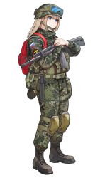 1girl ak-74m ak74m_(girls&#039;_frontline) assault_rifle backpack bag blonde_hair blue_eyes boots camouflage chin_strap digital_camouflage girls&#039;_frontline goggles goggles_on_head gun helmet highres history_loving_cucumber hugging_object kalashnikov_rifle knee_pads knife lace-up_boots load_bearing_vest military_combat_uniform military_uniform red_background rifle russian_flag russian_ground_forces second-party_source solo standing weapon white_background