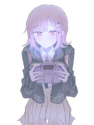 1girl black_jacket brown_hair collared_shirt danganronpa_(series) danganronpa_2:_goodbye_despair dress_shirt galaga hair_ornament handheld_game_console holding holding_handheld_game_console jacket long_sleeves medium_hair miniskirt nanami_chiaki neck_ribbon pi_no_(pino) pink_eyes pink_ribbon pleated_skirt ribbon shirt shirt_tucked_in simple_background sitting skirt solo spaceship_hair_ornament white_background