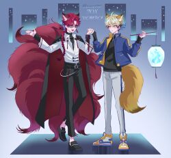 2boys absurdres animal_ears belt belt_chain black_belt black_hair black_jacket black_pants black_shirt black_shoes blonde_hair blue_jacket braid braided_ponytail chinese_knot collared_shirt earrings english_text fang fox_boy fox_ears fox_tail full_body grey_pants hands_up highres holding holding_hands holding_lantern jacket jacket_on_shoulders jewelry kemonomimi_mode kitsune kyuubi lantern long_hair looking_at_another looking_at_viewer male_focus multicolored_hair multicolored_shoes multiple_boys multiple_tails necklace open_mouth pants paper_lantern pomp0727 red_eyes red_hair shiguang_dailiren shirt shoes short_hair single_braid single_earring sleeves_past_wrists smile sunglasses tail tassel tassel_earrings turtleneck two-sided_fabric watermark white_shirt xia_fei xiao_weiying yaoi yellow_eyes yellow_shoes zipper zipper_pull_tab