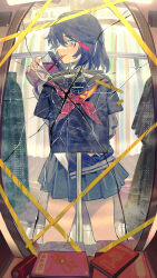 1girl absurdres black_hair black_serafuku blue_skirt broken_mirror cowboy_shot drinking highres kill_la_kill looking_at_viewer matoi_ryuuko medium_hair mirror multicolored_hair omurice_(304975636) red_streaks school_uniform serafuku skirt solo two-tone_hair