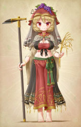 1girl aki_minoriko alternate_costume arinu barefoot black_skirt blonde_hair blush breasts capelet choker cleavage cleavage_cutout clothing_cutout crop_top food food-themed_hair_ornament fruit full_body grape_hair_ornament grapes green_ribbon hair_ornament highres hoe holding jewelry long_skirt long_sleeves looking_at_viewer midriff navel orange_headwear red_eyes ribbon short_hair skirt smile standing toenails toes touhou wheat wide_sleeves