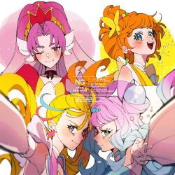4girls aoi_tete black_choker blonde_hair blue_eyes blue_hair blush choker colored_eyelashes crown cure_la_mer cure_papaya cure_scarlet cure_summer earrings gem gloves go!_princess_precure gradient_hair hair_ornament highres jewelry long_hair looking_at_viewer magical_girl multicolored_eyes multicolored_hair multiple_girls open_mouth orange_hair pearl_(gemstone) pink_hair precure red_eyes thick_eyelashes tropical-rouge!_precure very_long_hair white_gloves white_sleeves