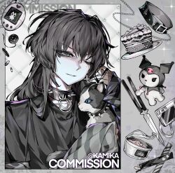 1boy animal animal_collar artist_name bad_source black_hair black_shirt blue_eyes border buttons cake camera can canned_food cat chain choker chopsticks collage collar commission cross_earring diamond_(shape) ear_piercing food grey_background grey_eyes grey_theme greyscale hair_between_eyes hair_over_one_eye highres holding holding_animal holding_cat jewelry kamika knife kuromi long_bangs long_sleeves looking_at_viewer medium_hair messy_hair mole mole_under_eye monochrome mullet multiple_views necktie one_eye_closed original pale_skin piercing quilting_mode_style_(project_sekai) reference_sheet ring sanrio shirt sidelocks signature simple_background sketch sleeves_past_wrists smirk solo sparkle spiked_collar spikes spot_color stuffed_animal stuffed_toy tamagotchi_(virtual_pet) tsurime upper_body virtual_pet_(toy)