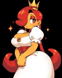1girl 333_(dqqqdle) black_background breasts bright_pupils cleavage colored_skin cowboy_shot crown dress earrings eyeshadow hair_over_one_eye highres jewelry large_breasts long_hair makeup mario_(series) meme nintendo official_alternate_color orange_skin own_hands_together princess_peach princess_toadstool_redraw_(meme) puffy_short_sleeves puffy_sleeves red_eyes red_hair short_sleeves signature simple_background solo sparkle super_mario_bros._1 very_long_hair white_dress white_pupils