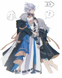 &gt;_&lt; 1girl 2boys antenna_hair armor arrow_(symbol) black_coat black_gloves black_pants black_skirt blue_cape blue_eyes buttons caelus_(honkai:_star_rail) cape coat commentary_request cowboy_shot crossed_bangs crying dual_persona fingerless_gloves flying_sweatdrops gauntlets gloves grey_hair hair_between_eyes highres honkai:_star_rail honkai_(series) hood hooded_coat hug hug_from_behind long_hair long_sleeves looking_at_another multiple_boys pants phainon_(honkai:_star_rail) pocket_watch shirt short_hair shoulder_armor shuzai233 simple_background skirt speech_bubble standing stelle_(honkai:_star_rail) streaming_tears sun_symbol t-shirt tears teeth thigh_strap trailblazer_(honkai:_star_rail) two-sided_cape two-sided_coat two-sided_fabric watch white_background white_coat white_shirt yellow_cape yellow_coat