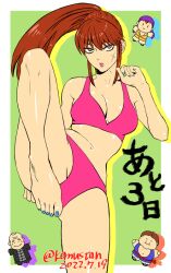 1girl barefoot bikini breasts brown_eyes brown_hair hong_hakka lei_kuugo lips live_a_live long_hair looking_at_viewer master_shinzanken nail_polish scar scar_on_face sonomoto_shinzou_(natsume_kyouji) swimsuit toenail_polish toenails yun_jou