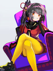 Rule 34 | 1girl, absurdres, alice soft, black gloves, black hair, black sailor collar, black shoes, blunt bangs, dohna dohna issho ni warui koto o shiyou, dress, elbow gloves, evil grin, evil smile, gloves, grin, gun, hair ornament, highres, holding, holding gun, holding weapon, looking at viewer, pleated dress, ponytail, red dress, red eyes, sailor collar, sailor dress, sharp teeth, shionji ax, shoes, short sleeves, shotgun, sitting, sitting on throne, smile, teeth, tsuina (dohna dohna), weapon, white background, yellow leggings