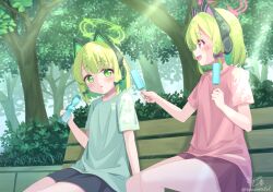 Rule 34 | 2girls, :d, :o, animal ear headphones, animal ears, bench, black shorts, blonde hair, blue archive, blush, bottle, bow, brown skirt, day, fake animal ears, feet out of frame, food, green bow, green eyes, green shirt, hair bow, halo, headphones, holding, holding bottle, holding food, kyado (amaterasu), midori (blue archive), momoi (blue archive), multiple girls, on bench, open mouth, outdoors, park bench, parted lips, pink shirt, pleated skirt, popsicle, profile, purple bow, ramune, red eyes, shirt, short sleeves, shorts, siblings, signature, sisters, sitting, skirt, smile, tree, twins, twitter username