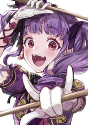 Rule 34 | 1girl, :d, absurdres, bang dream!, drill hair, drumsticks, earrings, fang, flower, gloves, highres, holding, holding drumsticks, jewelry, looking at viewer, mollanng, open mouth, puffy short sleeves, puffy sleeves, purple hair, red eyes, red flower, red rose, rose, short sleeves, simple background, smile, solo, twin drills, twintails, udagawa ako, upper body, white background, white gloves