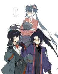 1girl 2girls age_switch aged_down aged_up black_dress black_hair black_vest clenched_teeth closed_eyes collared_shirt cowboy_shot crossed_arms dress half_updo high_ponytail highres hong_lu_(project_moon) jia_huan_(project_moon) jia_xichun_(project_moon) jingshenhuanghu limbus_company long_hair long_sleeves low_twintails multicolored_hair multiple_girls necktie open_mouth ponytail project_moon red_necktie red_shrug scowl shirt smile streaked_hair teeth twintails very_long_hair vest white_shirt