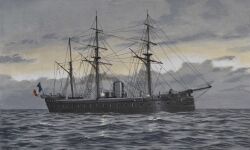 acrylic_paint_(medium) atelier_bono blue_sky cannon cloud cloudy_sky flag french_flag french_navy highres ironclad mast military_vehicle no_humans ocean original painting_(medium) provence_(ironclad) ship ship_turret sky smokestack storm traditional_media vehicle_focus warship watercraft weapon