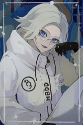 1boy aotsuki_eito black_gloves blue_background blue_eyes drawstring glasses gloves highres jacket long_sleeves male_focus open_mouth pants parted_hair solo solo_focus the_hundred_line_-last_defense_academy- white_hair white_jacket white_pants zipper_pull_tab