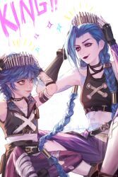 Rule 34 | 2girls, adjusting clothes, adjusting headwear, arcane: league of legends, arcane jinx, arm tattoo, asymmetrical bangs, bandaged wrist, bandages, bare arms, bare shoulders, black gloves, black jacket, black lips, black tank top, blue hair, blue nails, braid, braided twintails, bullet, cloud tattoo, commentary, cropped jacket, crown, emphasis lines, eyeliner, fingerless gloves, freckles, gloves, hair over shoulder, heibai bangbing, highres, isha (arcane), jacket, jinx (league of legends), league of legends, long hair, makeup, multiple girls, nail polish, panties, pants, pink eyes, pink nails, prosthetic finger, purple panties, short braid, short hair, signature, simple background, sitting, sleeveless, sleeveless jacket, striped clothes, striped pants, symbol-only commentary, tank top, tattoo, twin braids, underwear, vertical-striped clothes, vertical-striped pants, very long hair, white background, yellow eyes