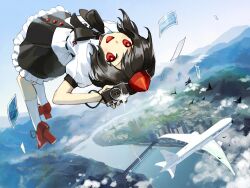 1girl :d aircraft airplane belt black_belt black_bow black_bowtie black_hair black_skirt bow bowtie camera commentary_request frilled_skirt frills hat highres holding holding_camera kaigen_1025 open_mouth photo_(object) puffy_short_sleeves puffy_sleeves red_eyes red_hat shameimaru_aya shirt short_hair short_sleeves skirt smile socks solo tokin_hat touhou white_shirt white_socks