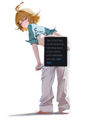 Rule 34 | 1girl, absurdres, aou13093, ass, barefoot, blonde hair, blue eyes, censored, censored by text, closed mouth, clothes pull, commentary, dokibird (bounty hunter), dokibird, english commentary, fang, from behind, full body, hair between eyes, hair ornament, highres, indie virtual youtuber, looking at viewer, looking back, novelty censor, pants, pants pull, pulling own clothes, short hair, simple background, skin fang, smile, smug, solo, standing, twitter, twitter content restriction, virtual youtuber, white background, white pants, x hair ornament