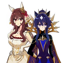 2girls blue_hair bow breasts bright_pupils brown_hair chain cleavage collar cosplay cowboy_shot ear_covers ear_ornament elbow_gloves flower gentildonna_(umamusume) gloves gold_chain hair_between_eyes hair_bow hair_flower hair_intakes hair_ornament hands_on_own_hips high_collar highres jimmy_(akakiryuunozimi) mole mole_under_eye multicolored_hair multiple_girls purple_eyes red_eyes single_ear_cover snow_white&#039;s_queen_(fairy_tale_character) snow_white&#039;s_queen_(fairy_tale_character)_(cosplay) snow_white_(fairy_tale) snow_white_(fairy_tale_character) snow_white_(fairy_tale_character)_(cosplay) spiked_collar spikes two-tone_hair umamusume verxina_(umamusume) white_hair