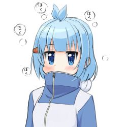 Rule 34 | 1girl, blue eyes, blue hair, blush, carrot hair ornament, catchphrase, commentary request, covered mouth, female focus, food-themed hair ornament, hair bun, hair ornament, highres, itsumo hokuto, jacket, looking at viewer, matching hair/eyes, sainohikari, shakunetsu no takkyuu musume, short hair, side bun, single hair bun, single side bun, solo, topknot, track jacket, track suit, upper body, white background, zipper