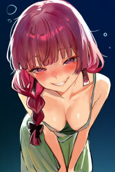 Rule 34 | 1girl, aqua background, blue background, blunt bangs, blush, bocchi the rock!, braid, breasts, cleavage, collarbone, cowboy shot, dress, drunk, fangs, gradient background, green dress, grin, hair over shoulder, highres, hiroi kikuri, hunched over, large breasts, leaning forward, long hair, looking at viewer, purple eyes, purple hair, seafoodisgood087, side braid, smile, solo, squeans, v arms