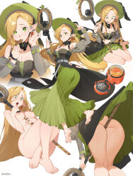 1girl arknights ass barefoot blonde_hair breasts cleavage commentary completely_nude dnaitari dress drooling dungeon_meshi earrings elf feet food green_dress green_eyes green_hat hat highres holding holding_spoon holding_staff jewelry legs marcille_donato marcille_donato_(terra_&amp;_traveller) medium_breasts multiple_views nipples nude official_alternate_costume open_mouth pointy_ears portable_stove spoon staff toes twitter_username white_background