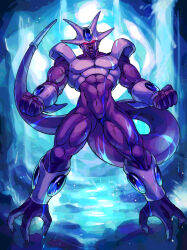 Rule 34 | 1boy, abs, alien, armor, black nails, blue background, blue gemstone, boriroba, clenched hands, colored skin, commentary request, cooler (dragon ball), cooler (fifth form) (dragon ball), covered pectorals, dragon ball, dragonball z, forehead jewel, full body, gem, highres, looking at viewer, male focus, muscular, muscular male, no pupils, open mouth, pectorals, purple skin, purple tail, red eyes, solo, veins, veiny arms, veiny thighs, water, wet, white armor