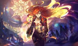 absurdres ahoge ajaw_(genshin_impact) biker_clothes bikesuit black_gloves black_jacket black_suit blue_background bodysuit breasts chasca_(genshin_impact) chinese_commentary cleavage clenched_hand closed_mouth cropped_jacket detached_collar earrings fire floating formal_clothes genshin_impact glint gloves glowing glowing_hair gnosis_(genshin_impact) gradient_hair hands_on_own_hips hands_up highres holding holding_weapon huge_ahoge huge_weapon jacket jewelry kinich_(genshin_impact) large_breasts leaning_forward leather leather_jacket leather_suit long_sleeves looking_at_viewer mavuika_(genshin_impact) mualani_(genshin_impact) multicolored_hair multiple_others ororon_(genshin_impact) partially_unzipped rainbow red_eyes red_hair red_lips shade smyan standing suit sun_symbol weapon wide_sleeves xilonen_(genshin_impact)