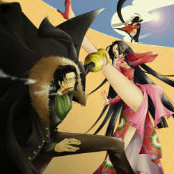 1girl 2boys amputee ascot battle beard black_hair blood blue_eyes boa_hancock cigar crocodile_(one_piece) desert dracule_mihawk earrings facial_hair fighting hat high_heels hook hook_hand huge_weapon jacket jewelry katana kicking long_hair long_legs multiple_boys mustache one-eyed one_piece open_clothes open_mouth open_shirt ring running s-salt scar shirt shoes smoking standing sword weapon yoru_(sword)