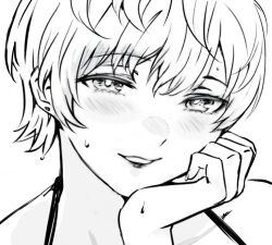 1girl akira_(yuibnm71) blush close-up earrings hand_on_own_face highres izumo_tenka jewelry lips looking_at_viewer mato_seihei_no_slave monochrome nose_blush parted_lips short_hair single_earring solo
