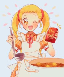 Rule 34 | 1girl, alternate costume, apron, back bow, bare arms, blonde hair, blue background, blush, bow, box, center frills, collared dress, cooking pot, cowboy shot, dot nose, dress, enmaided, food, forehead, frilled apron, frills, hair ornament, hair scrunchie, happy, holding, holding box, holding ladle, kasugano urara (yes! precure 5), ladle, long hair, looking at food, maid, nachuchoco, neck ribbon, notice lines, one eye closed, open mouth, orange dress, pocky, precure, puffy short sleeves, puffy sleeves, red ribbon, red scrunchie, ribbon, scrunchie, short sleeves, simple background, smile, snack, solo, standing, stew, striped clothes, striped dress, tareme, teeth, twintails, upper teeth only, vertical-striped clothes, vertical-striped dress, white apron, white bow, yellow eyes, yes! precure 5